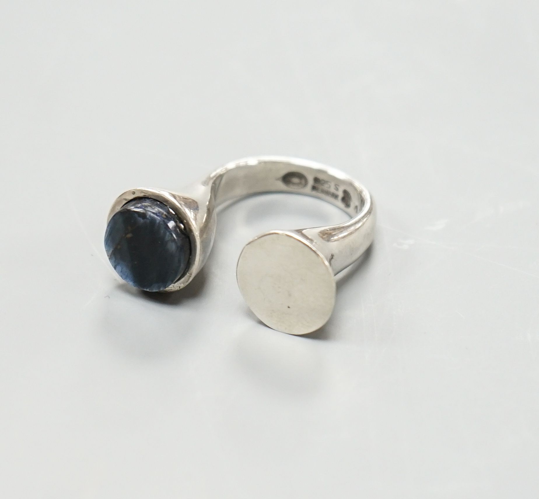 A Bert Gabrielsen for Georg Jensen sterling and spectrolite set open ring, size N.